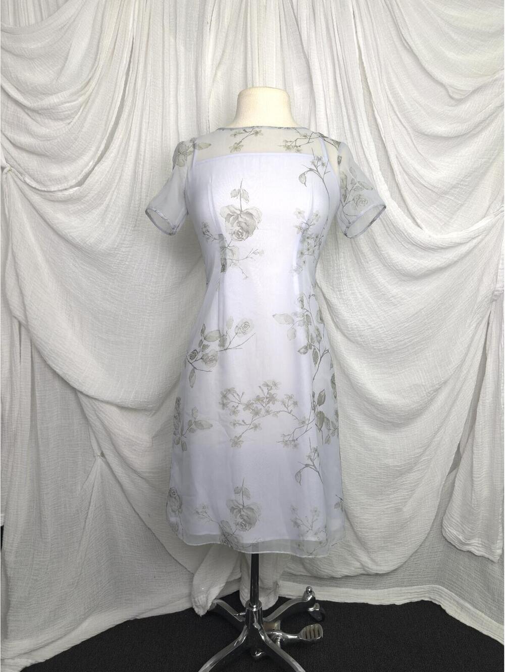 Vintage Preppy Cottage Light Blue Chiffon Layered Floral Short Sleeve Dress